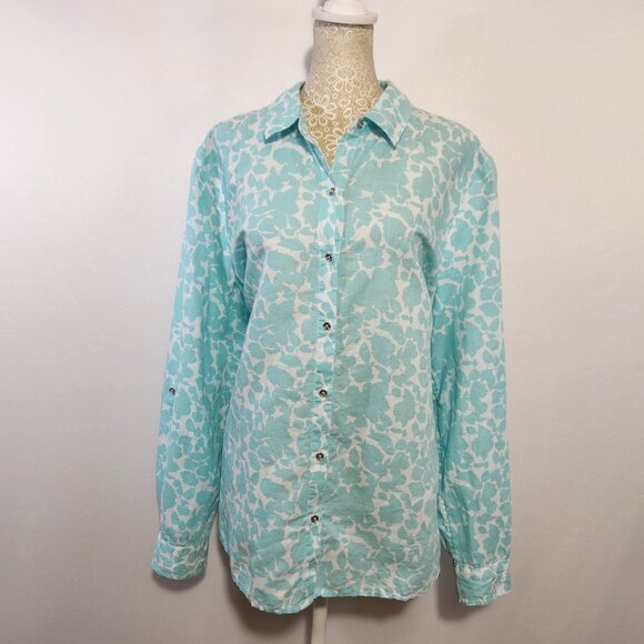 Charter Club Size XL Blue Floral Print Linen Button Down Roll Tab Sleeve Shirt - Picture 1 of 15